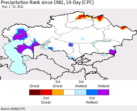 Kazakhstan Precipitation Rank since 1981, 10-Day (CPC) Thematic Map For 5/1/2022 - 5/10/2022