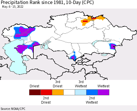 Kazakhstan Precipitation Rank since 1981, 10-Day (CPC) Thematic Map For 5/6/2022 - 5/15/2022