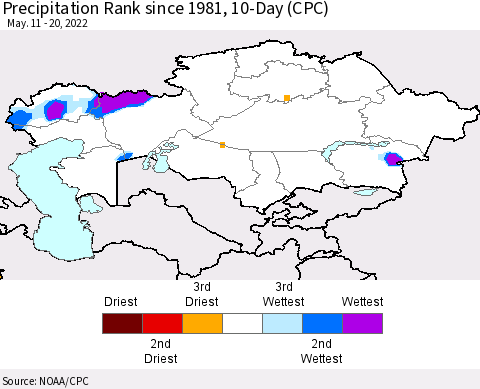Kazakhstan Precipitation Rank since 1981, 10-Day (CPC) Thematic Map For 5/11/2022 - 5/20/2022