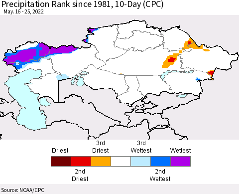 Kazakhstan Precipitation Rank since 1981, 10-Day (CPC) Thematic Map For 5/16/2022 - 5/25/2022