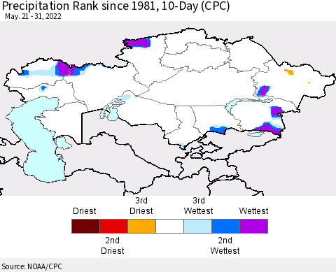 Kazakhstan Precipitation Rank since 1981, 10-Day (CPC) Thematic Map For 5/21/2022 - 5/31/2022