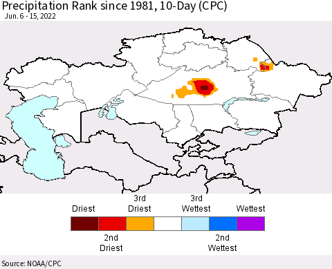 Kazakhstan Precipitation Rank since 1981, 10-Day (CPC) Thematic Map For 6/6/2022 - 6/15/2022