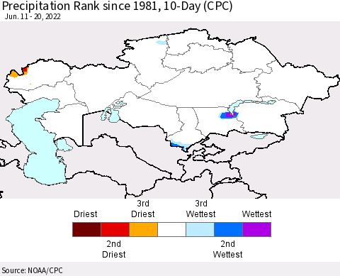 Kazakhstan Precipitation Rank since 1981, 10-Day (CPC) Thematic Map For 6/11/2022 - 6/20/2022