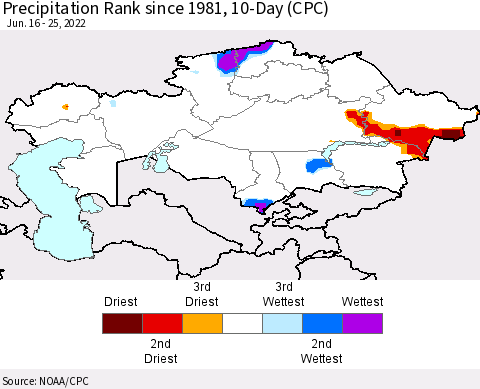 Kazakhstan Precipitation Rank since 1981, 10-Day (CPC) Thematic Map For 6/16/2022 - 6/25/2022