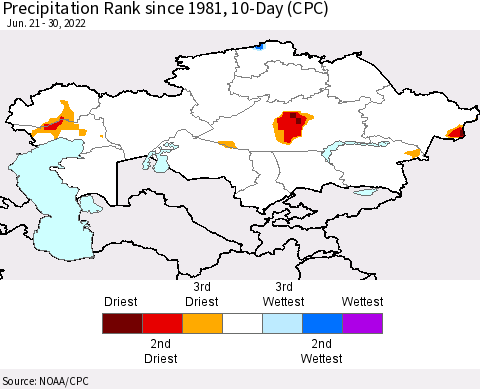 Kazakhstan Precipitation Rank since 1981, 10-Day (CPC) Thematic Map For 6/21/2022 - 6/30/2022