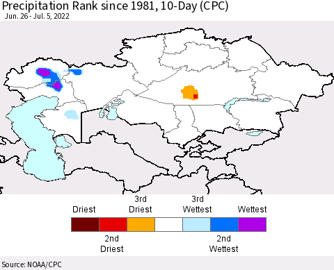 Kazakhstan Precipitation Rank since 1981, 10-Day (CPC) Thematic Map For 6/26/2022 - 7/5/2022