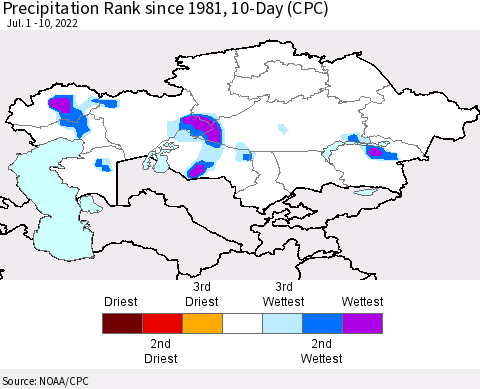 Kazakhstan Precipitation Rank since 1981, 10-Day (CPC) Thematic Map For 7/1/2022 - 7/10/2022