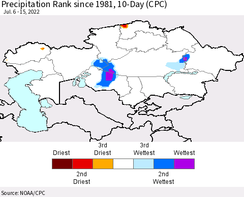 Kazakhstan Precipitation Rank since 1981, 10-Day (CPC) Thematic Map For 7/6/2022 - 7/15/2022