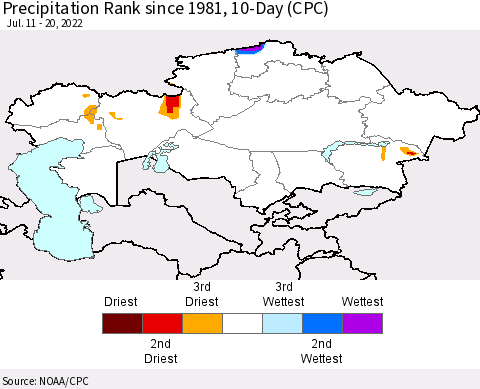 Kazakhstan Precipitation Rank since 1981, 10-Day (CPC) Thematic Map For 7/11/2022 - 7/20/2022