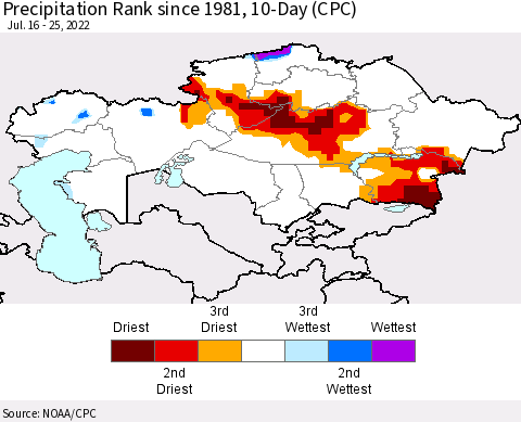 Kazakhstan Precipitation Rank since 1981, 10-Day (CPC) Thematic Map For 7/16/2022 - 7/25/2022