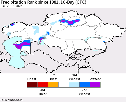 Kazakhstan Precipitation Rank since 1981, 10-Day (CPC) Thematic Map For 7/21/2022 - 7/31/2022