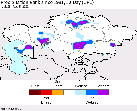 Kazakhstan Precipitation Rank since 1981, 10-Day (CPC) Thematic Map For 7/26/2022 - 8/5/2022