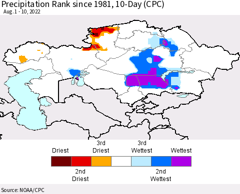 Kazakhstan Precipitation Rank since 1981, 10-Day (CPC) Thematic Map For 8/1/2022 - 8/10/2022