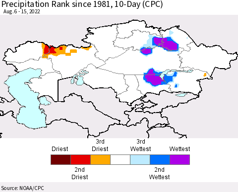 Kazakhstan Precipitation Rank since 1981, 10-Day (CPC) Thematic Map For 8/6/2022 - 8/15/2022
