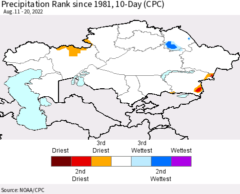 Kazakhstan Precipitation Rank since 1981, 10-Day (CPC) Thematic Map For 8/11/2022 - 8/20/2022