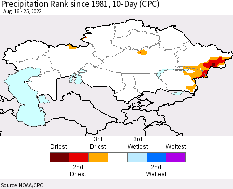 Kazakhstan Precipitation Rank since 1981, 10-Day (CPC) Thematic Map For 8/16/2022 - 8/25/2022
