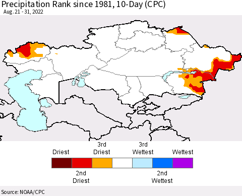 Kazakhstan Precipitation Rank since 1981, 10-Day (CPC) Thematic Map For 8/21/2022 - 8/31/2022