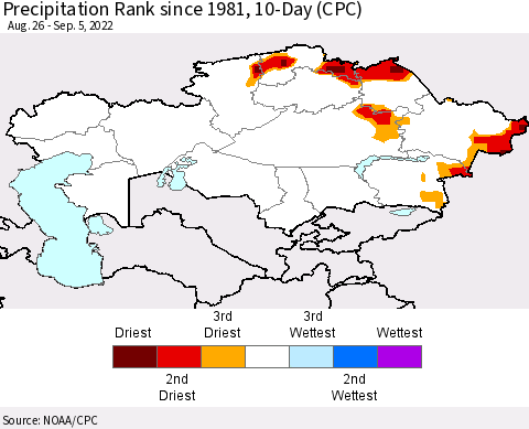 Kazakhstan Precipitation Rank since 1981, 10-Day (CPC) Thematic Map For 8/26/2022 - 9/5/2022