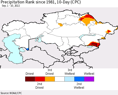 Kazakhstan Precipitation Rank since 1981, 10-Day (CPC) Thematic Map For 9/1/2022 - 9/10/2022