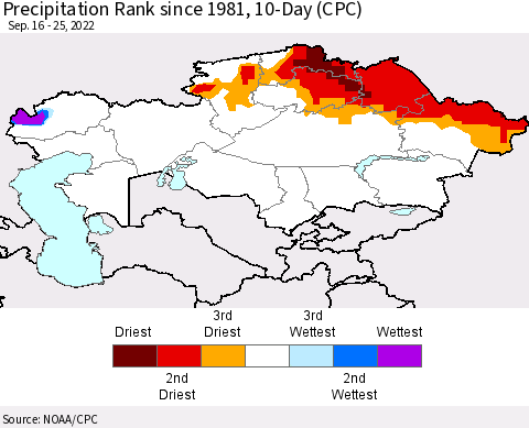 Kazakhstan Precipitation Rank since 1981, 10-Day (CPC) Thematic Map For 9/16/2022 - 9/25/2022