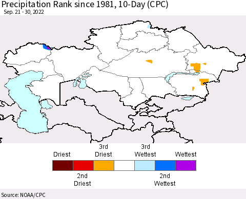 Kazakhstan Precipitation Rank since 1981, 10-Day (CPC) Thematic Map For 9/21/2022 - 9/30/2022