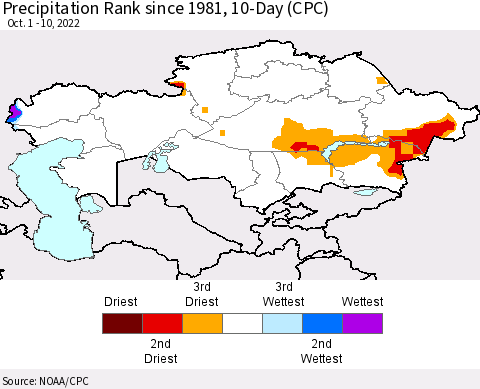 Kazakhstan Precipitation Rank since 1981, 10-Day (CPC) Thematic Map For 10/1/2022 - 10/10/2022