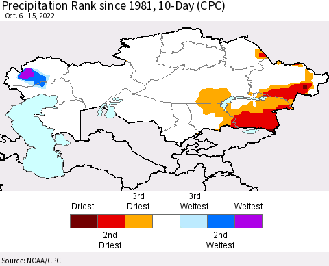 Kazakhstan Precipitation Rank since 1981, 10-Day (CPC) Thematic Map For 10/6/2022 - 10/15/2022