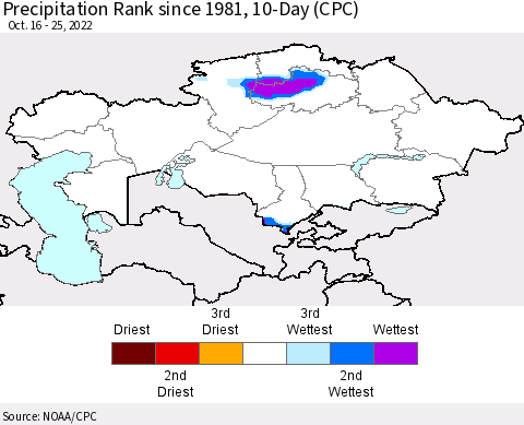 Kazakhstan Precipitation Rank since 1981, 10-Day (CPC) Thematic Map For 10/16/2022 - 10/25/2022