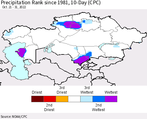 Kazakhstan Precipitation Rank since 1981, 10-Day (CPC) Thematic Map For 10/21/2022 - 10/31/2022