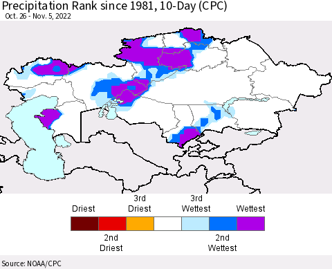 Kazakhstan Precipitation Rank since 1981, 10-Day (CPC) Thematic Map For 10/26/2022 - 11/5/2022