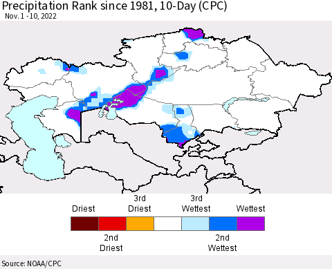 Kazakhstan Precipitation Rank since 1981, 10-Day (CPC) Thematic Map For 11/1/2022 - 11/10/2022