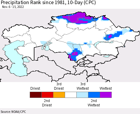 Kazakhstan Precipitation Rank since 1981, 10-Day (CPC) Thematic Map For 11/6/2022 - 11/15/2022