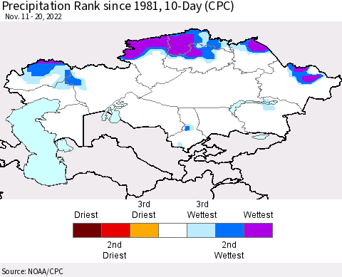 Kazakhstan Precipitation Rank since 1981, 10-Day (CPC) Thematic Map For 11/11/2022 - 11/20/2022