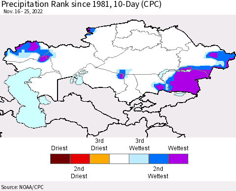 Kazakhstan Precipitation Rank since 1981, 10-Day (CPC) Thematic Map For 11/16/2022 - 11/25/2022
