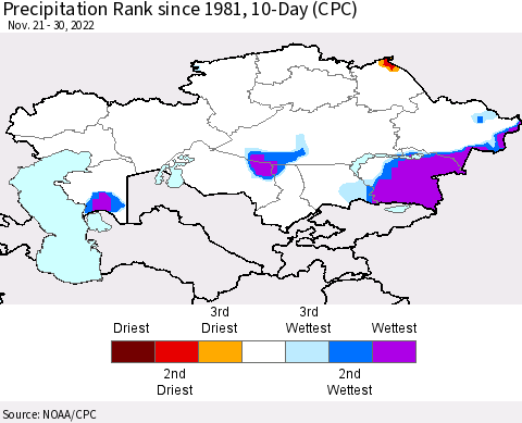 Kazakhstan Precipitation Rank since 1981, 10-Day (CPC) Thematic Map For 11/21/2022 - 11/30/2022