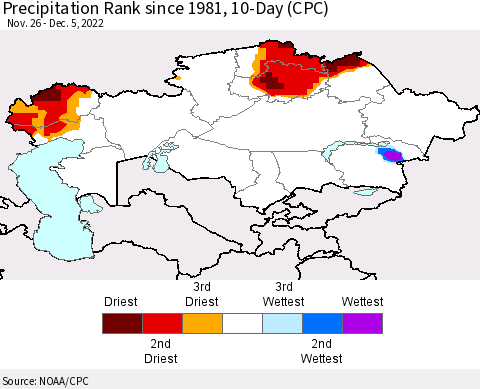 Kazakhstan Precipitation Rank since 1981, 10-Day (CPC) Thematic Map For 11/26/2022 - 12/5/2022
