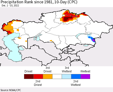 Kazakhstan Precipitation Rank since 1981, 10-Day (CPC) Thematic Map For 12/1/2022 - 12/10/2022