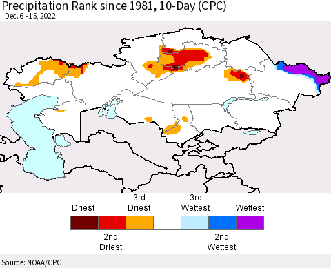 Kazakhstan Precipitation Rank since 1981, 10-Day (CPC) Thematic Map For 12/6/2022 - 12/15/2022