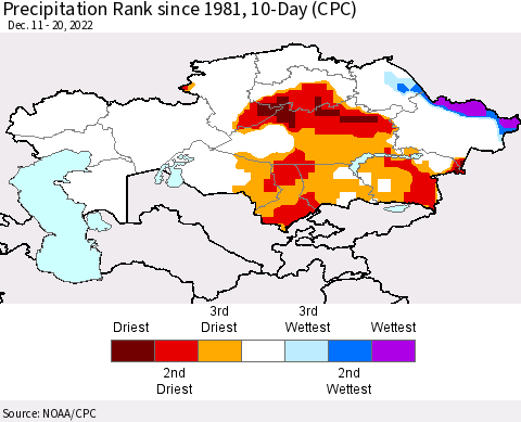 Kazakhstan Precipitation Rank since 1981, 10-Day (CPC) Thematic Map For 12/11/2022 - 12/20/2022