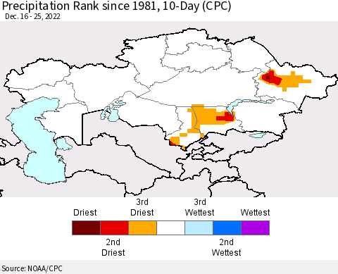 Kazakhstan Precipitation Rank since 1981, 10-Day (CPC) Thematic Map For 12/16/2022 - 12/25/2022