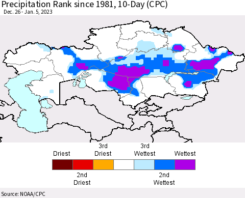 Kazakhstan Precipitation Rank since 1981, 10-Day (CPC) Thematic Map For 12/26/2022 - 1/5/2023