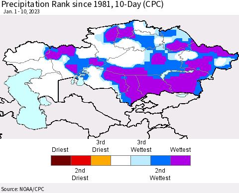 Kazakhstan Precipitation Rank since 1981, 10-Day (CPC) Thematic Map For 1/1/2023 - 1/10/2023