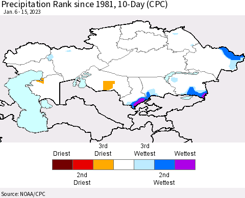 Kazakhstan Precipitation Rank since 1981, 10-Day (CPC) Thematic Map For 1/6/2023 - 1/15/2023