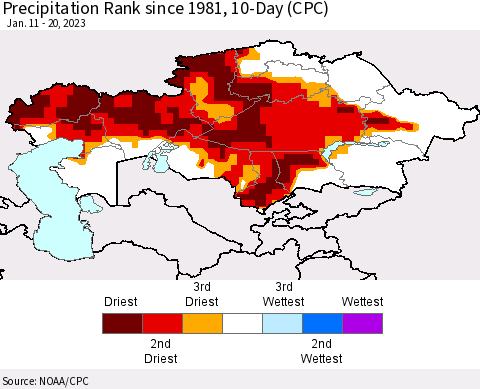 Kazakhstan Precipitation Rank since 1981, 10-Day (CPC) Thematic Map For 1/11/2023 - 1/20/2023