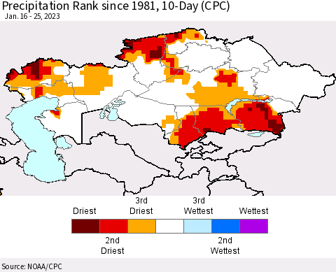 Kazakhstan Precipitation Rank since 1981, 10-Day (CPC) Thematic Map For 1/16/2023 - 1/25/2023