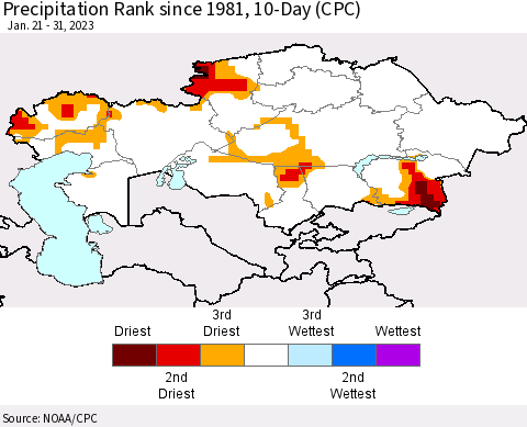 Kazakhstan Precipitation Rank since 1981, 10-Day (CPC) Thematic Map For 1/21/2023 - 1/31/2023