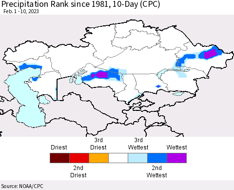 Kazakhstan Precipitation Rank since 1981, 10-Day (CPC) Thematic Map For 2/1/2023 - 2/10/2023
