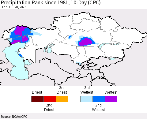 Kazakhstan Precipitation Rank since 1981, 10-Day (CPC) Thematic Map For 2/11/2023 - 2/20/2023
