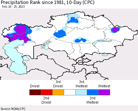 Kazakhstan Precipitation Rank since 1981, 10-Day (CPC) Thematic Map For 2/16/2023 - 2/25/2023