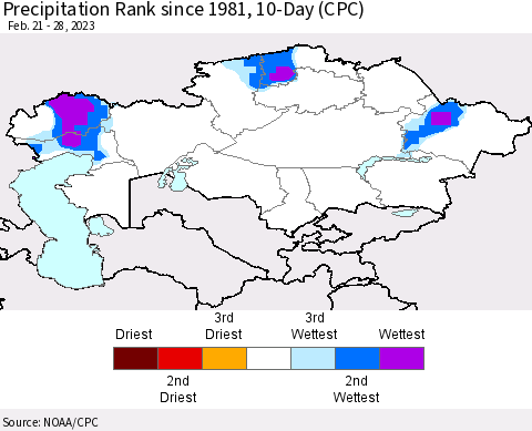 Kazakhstan Precipitation Rank since 1981, 10-Day (CPC) Thematic Map For 2/21/2023 - 2/28/2023